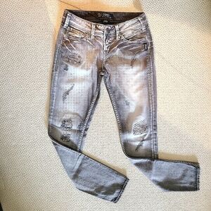 Silver Aiko Skinny Jeans Low Rise Straight Leg Y2K Distressed Gray Wash Stretch